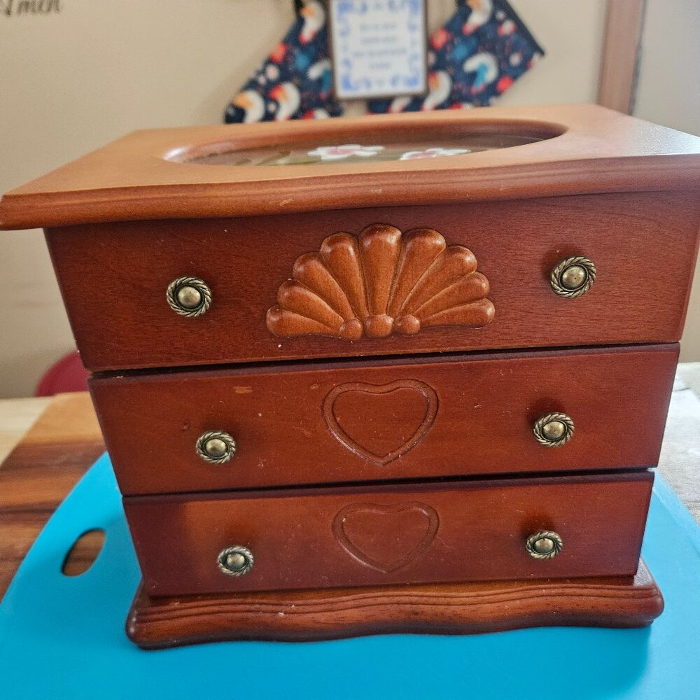 VINTAGE JEWLRY BOX  TOP OPENS FOR JEWLRY STORAGE AND TWO DRAWERS